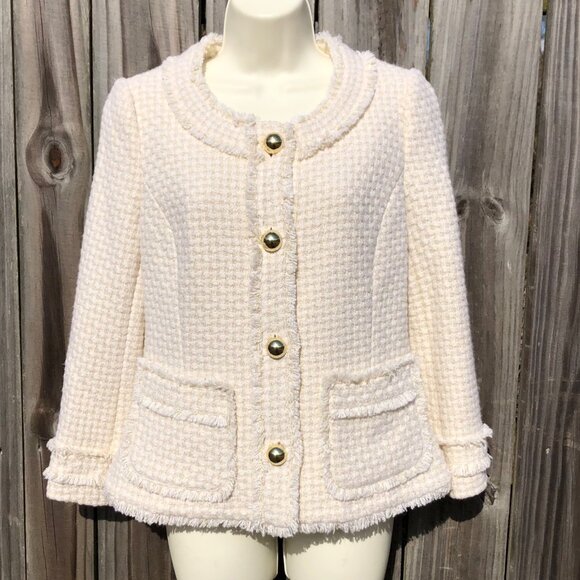 Kate Spade 6 Wool Silk Metallic Blazer Jacket Coat Top Cream White Button Gold - Picture 2 of 9